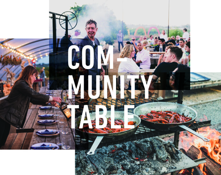Community Table double image graphic of carrots on a pan over the fire and a chef speaking to a crowd