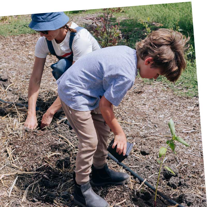 Two children attend to the soil on the farm.