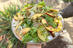 Roased veggie salad with nectarine and pesto