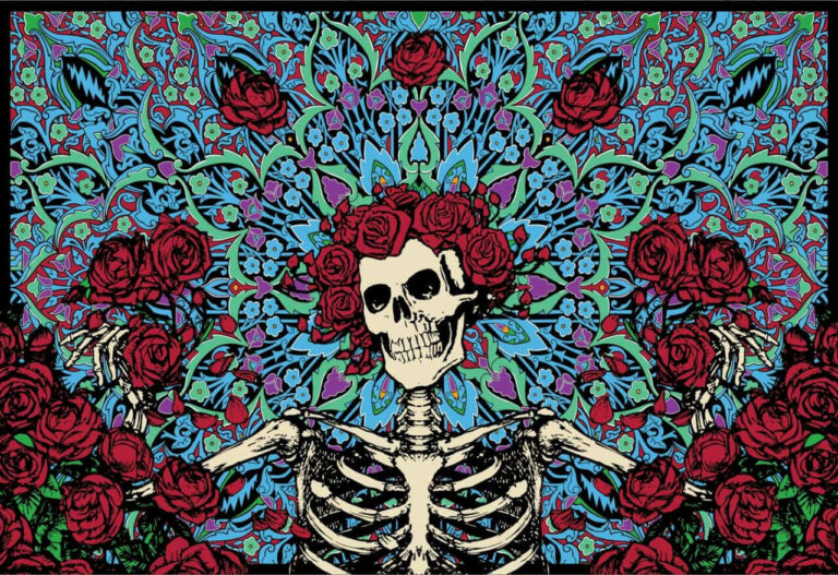 grateful dead artwork with a skeleton and rosees